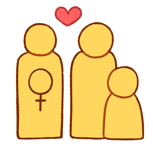 A drawing of three generic emoji yellow people, with two tall ones and one short one. The short person is standing very close to one of the tall ones and is on the right side, and there is a small space between the two tall people with a heart above them. The tall person on the left has a large female symbol on their torso.